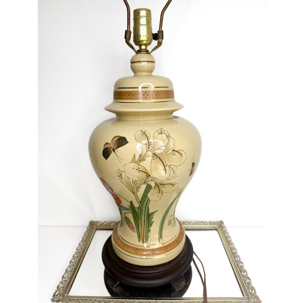 Vintage Signed Chinoiserie Floral Table Lamp: Hand-Painted Ceramic Ginger Jar